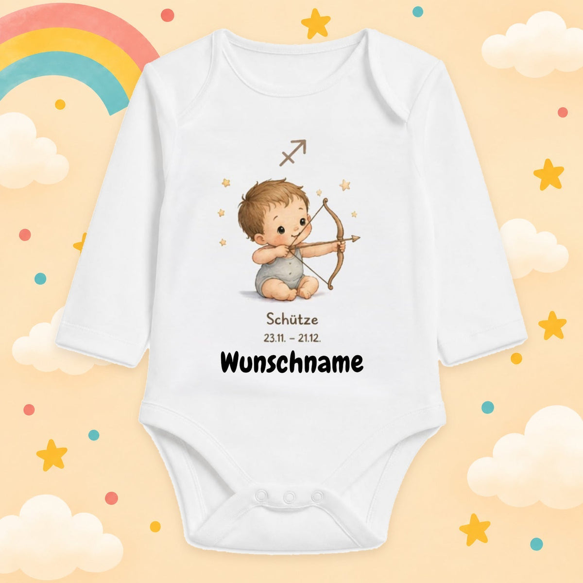 Babybody Langarm – Sternzeichen Schütze | mit Wunschname – Produktansicht