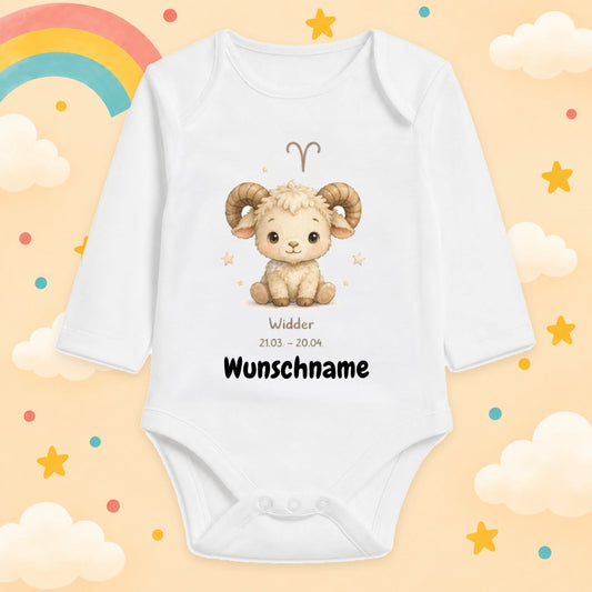 Babybody Langarm – Sternzeichen Widder | mit Wunschname – Produktansicht