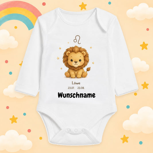 Babybody Langarm – Sternzeichen Löwe | mit Wunschname – Produktansicht