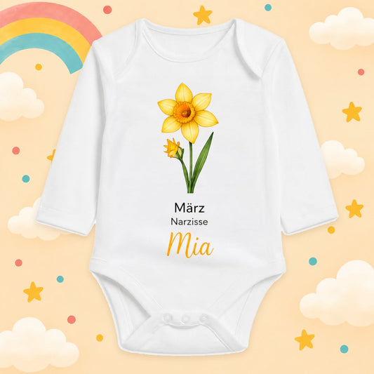 Babybody Langarm – Geburtsblume März | mit Wunschname – Produktansicht