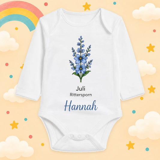 Babybody Langarm – Geburtsblume Juli | mit Wunschname – Produktansicht