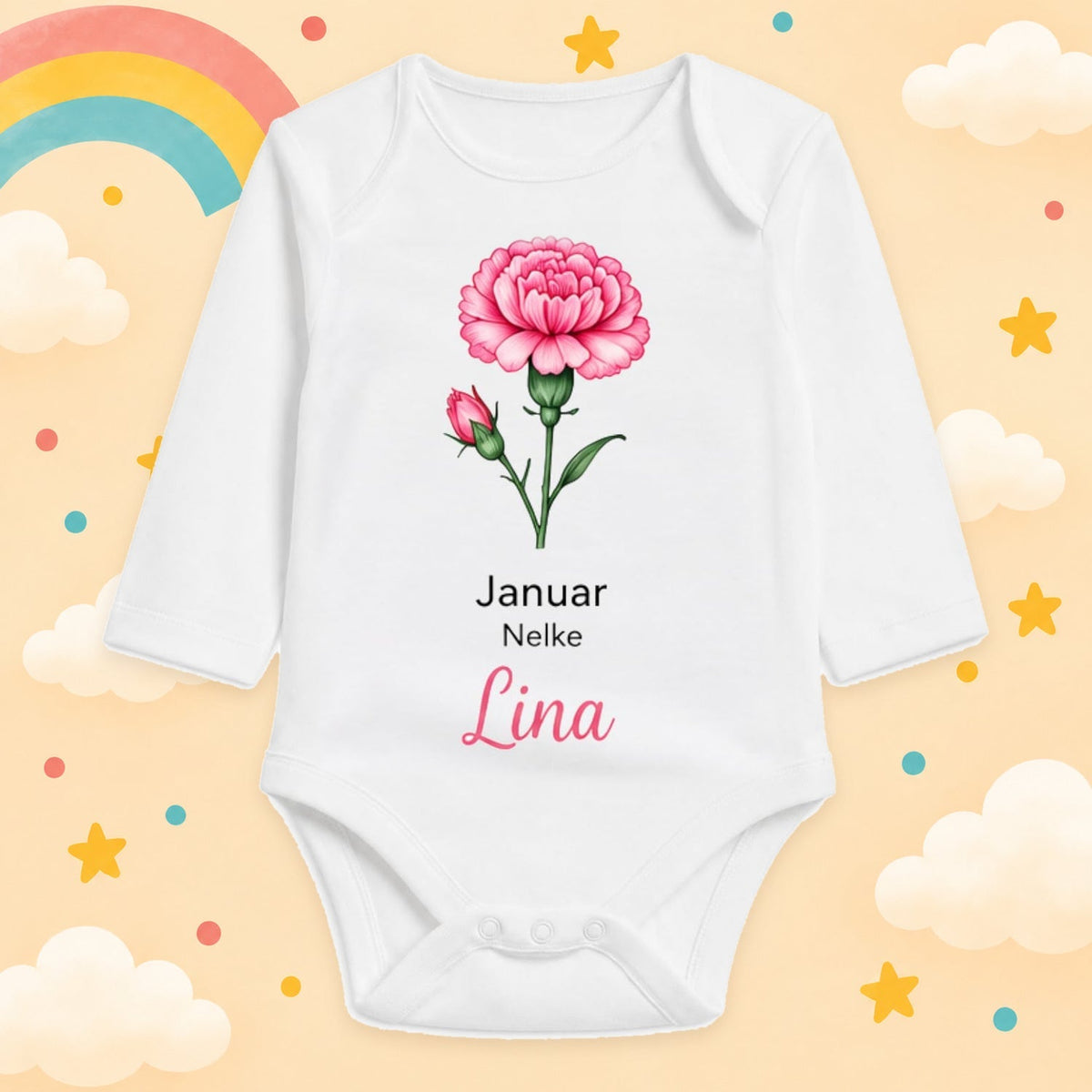 Babybody Langarm – Geburtsblume Januar | mit Wunschname – Produktansicht