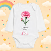 Babybody Langarm – Geburtsblume Januar | mit Wunschname – Produktansicht