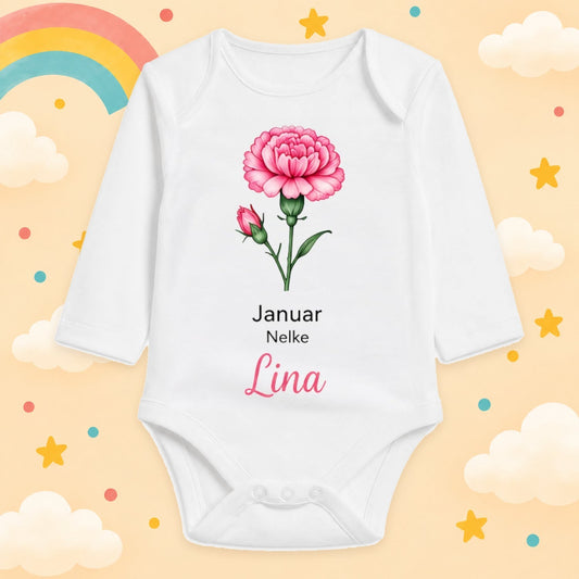 Babybody Langarm – Geburtsblume Januar | mit Wunschname – Produktansicht