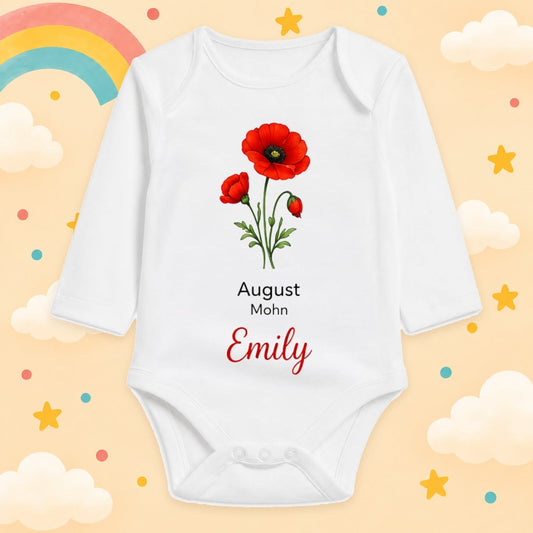 Babybody Langarm – Geburtsblume August | mit Wunschname – Produktansicht