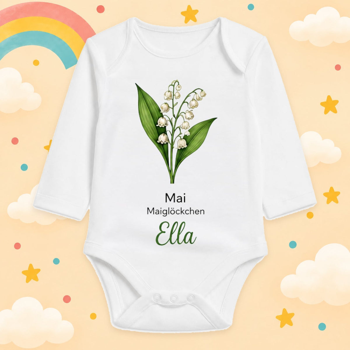 Babybody Langarm – Geburtsblume Mai | mit Wunschname – Produktansicht