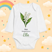 Babybody Langarm – Geburtsblume Mai | mit Wunschname – Produktansicht