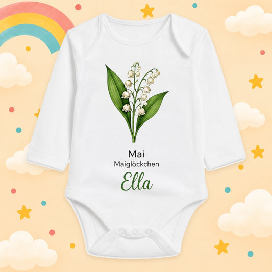 Babybody Langarm – Geburtsblume Mai | mit Wunschname – Produktansicht