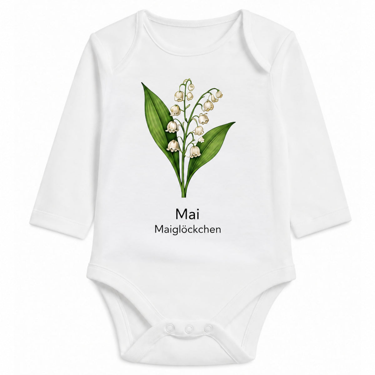 Babybody Langarm – Geburtsblume Mai | mit Wunschname – Personalisierungsvorschau ohne Beispielname