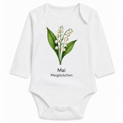 Babybody Langarm – Geburtsblume Mai | mit Wunschname – Personalisierungsvorschau ohne Beispielname