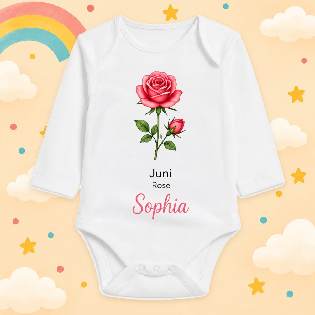Babybody Langarm – Geburtsblume Juni | mit Wunschname – Produktansicht
