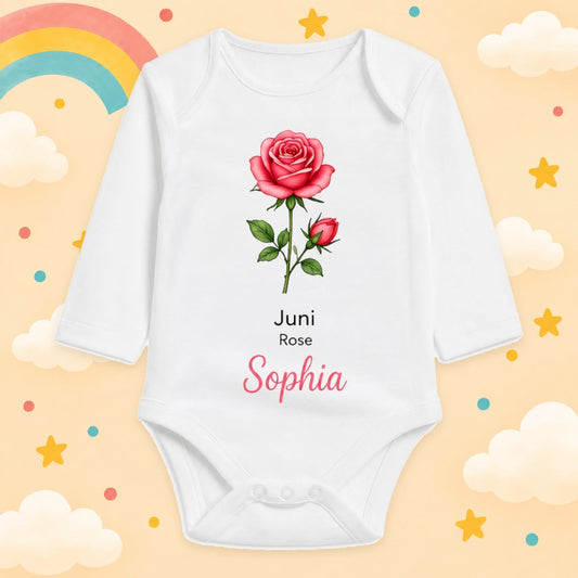 Babybody Langarm – Geburtsblume Juni | mit Wunschname – Produktansicht