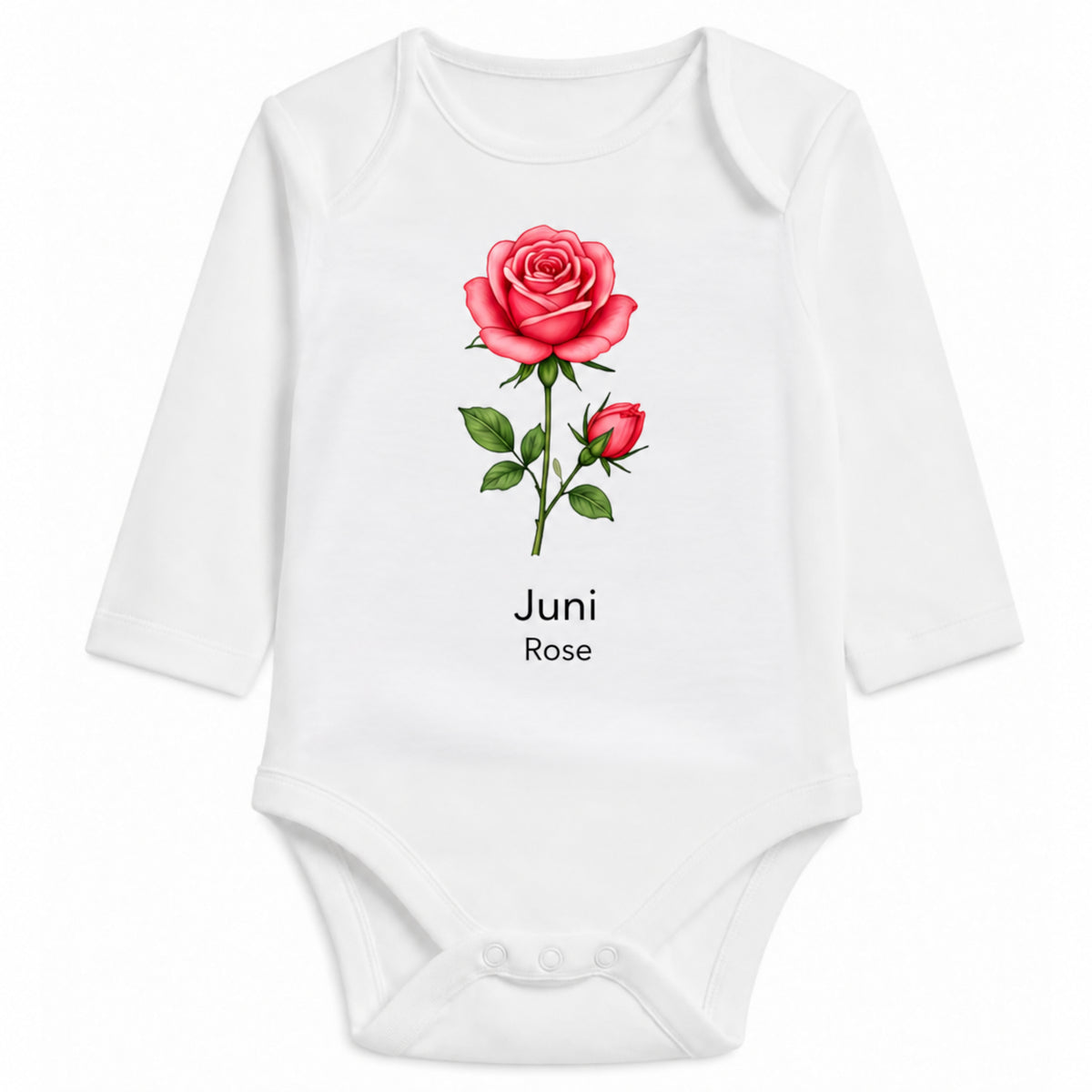Babybody Langarm – Geburtsblume Juni | mit Wunschname – Personalisierungsvorschau ohne Beispielname