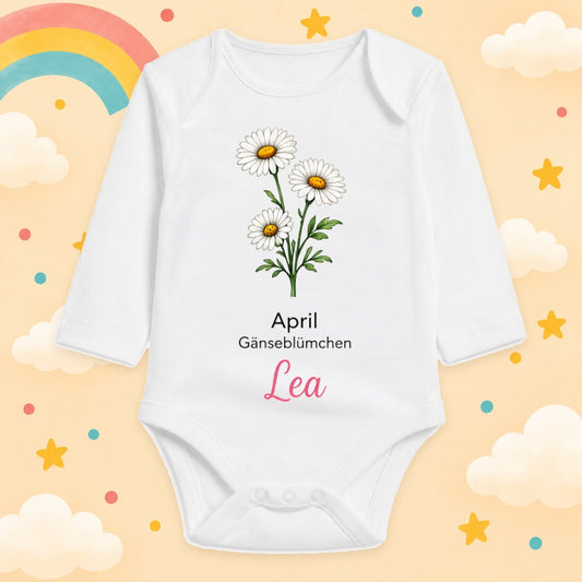 Babybody Langarm – Geburtsblume April | mit Wunschname – Produktansicht