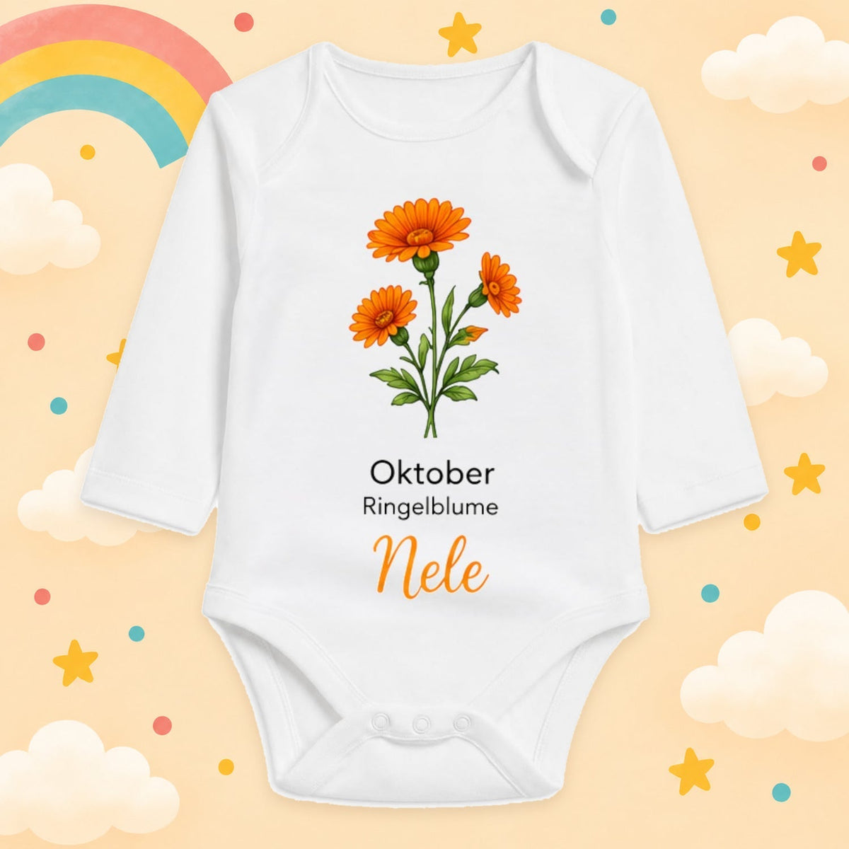 Babybody Langarm – Geburtsblume Oktober | mit Wunschname – Produktansicht