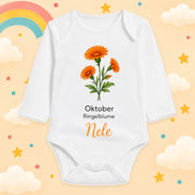Babybody Langarm – Geburtsblume Oktober | mit Wunschname – Produktansicht