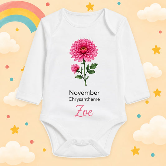 Babybody Langarm – Geburtsblume November | mit Wunschname – Produktansicht