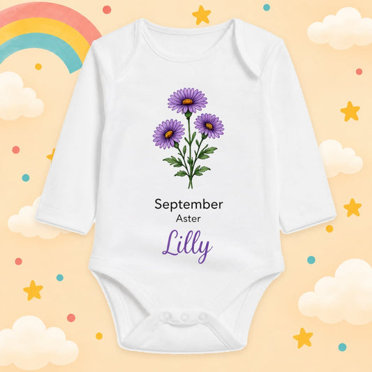 Babybody Langarm – Geburtsblume September | mit Wunschname – Produktansicht