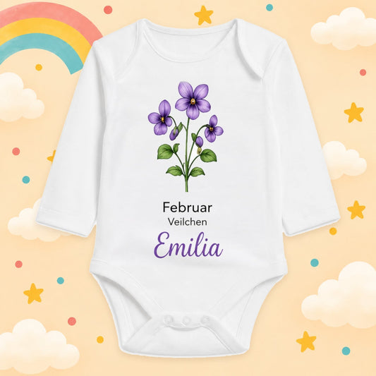 Babybody Langarm – Geburtsblume Februar | mit Wunschname – Produktansicht