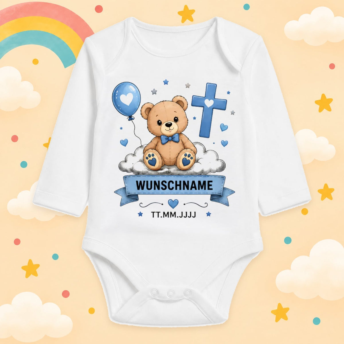 Babybody Langarm Taufe Junge – Bär | Name & Datum – Produktansicht
