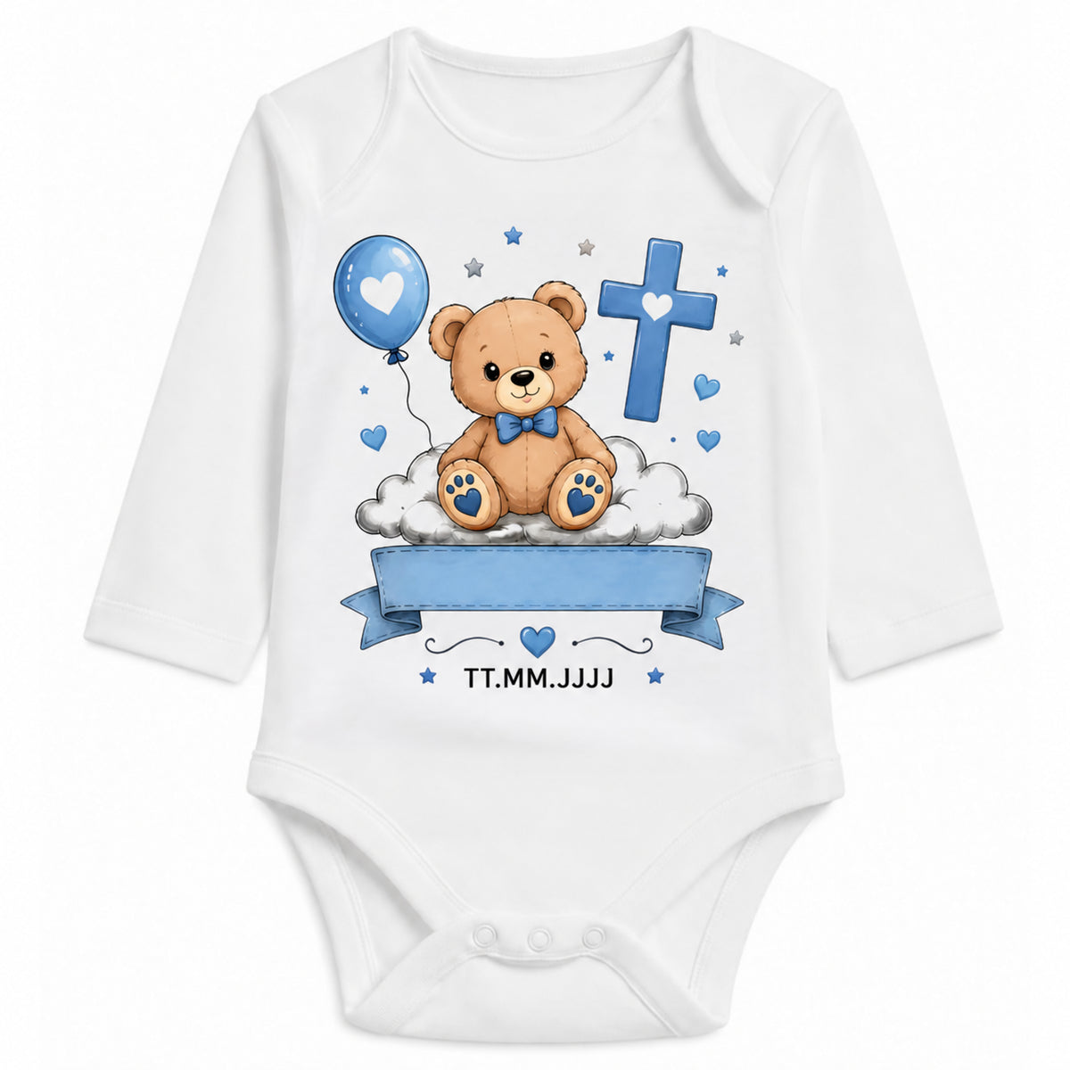 Babybody Langarm Taufe Junge – Bär | Name & Datum – Personalisierungsvorschau ohne Beispielname