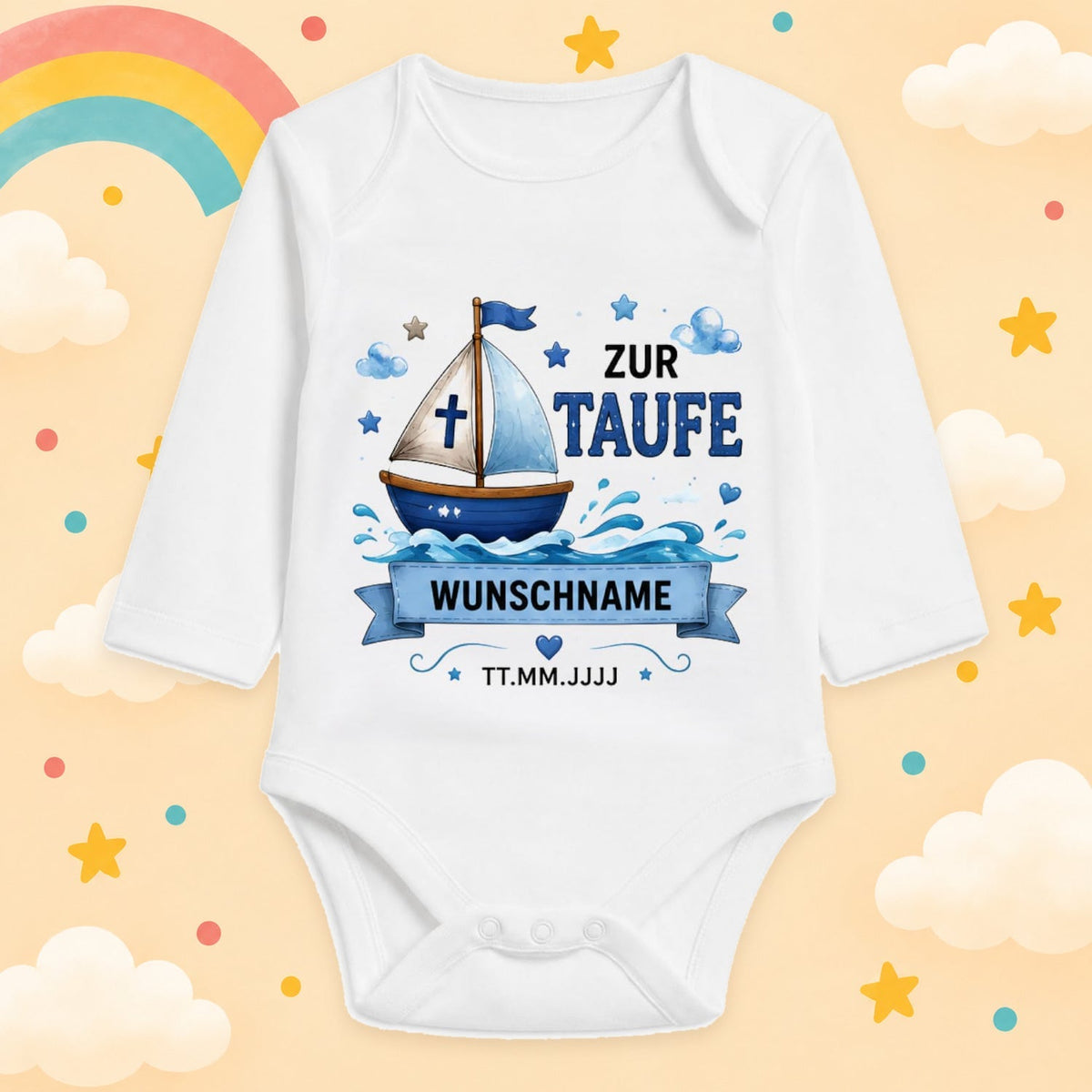 Babybody Langarm Taufe Junge – Schiff | Name & Datum – Produktansicht