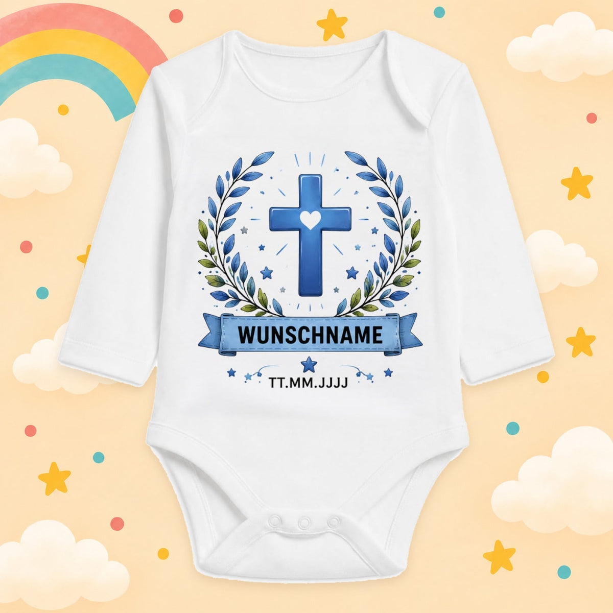 Babybody Langarm Taufe Junge – Kreuz Kranz | Name & Datum – Produktansicht
