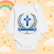 Babybody Langarm Taufe Junge – Kreuz Kranz | Name & Datum – Produktansicht