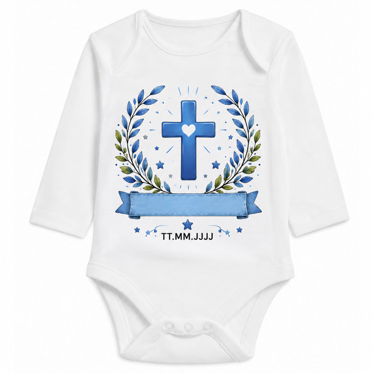Babybody Langarm Taufe Junge – Kreuz Kranz | Name & Datum – Personalisierungsvorschau ohne Beispielname