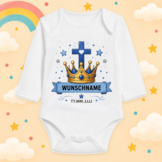 Babybody Langarm Taufe Junge – Krone | Name & Datum – Produktansicht
