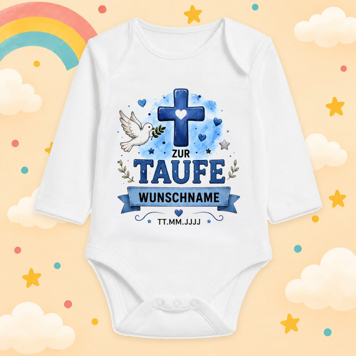 Babybody Langarm Taufe Junge – Kreuz Taube | Name & Datum – Produktansicht