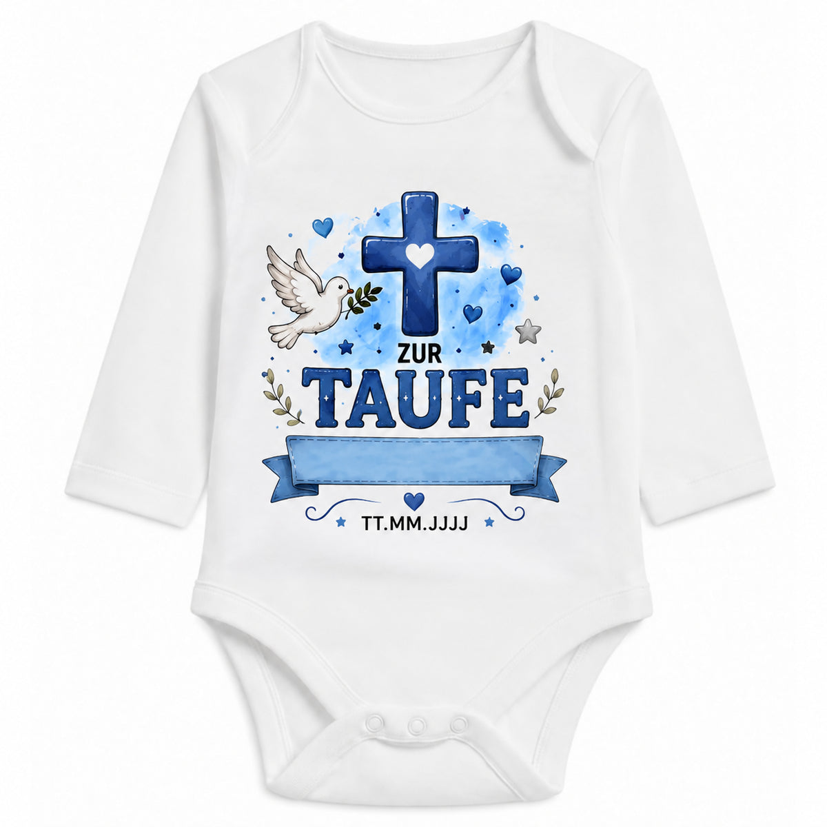 Babybody Langarm Taufe Junge – Kreuz Taube | Name & Datum – Personalisierungsvorschau ohne Beispielname