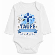 Babybody Langarm Taufe Junge – Kreuz Taube | Name & Datum – Personalisierungsvorschau ohne Beispielname