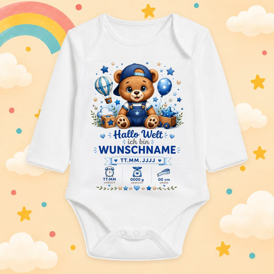 Babybody Langarm – Geburtsdaten Junge Bär Hallo Welt | mit Wunschname – Produktansicht