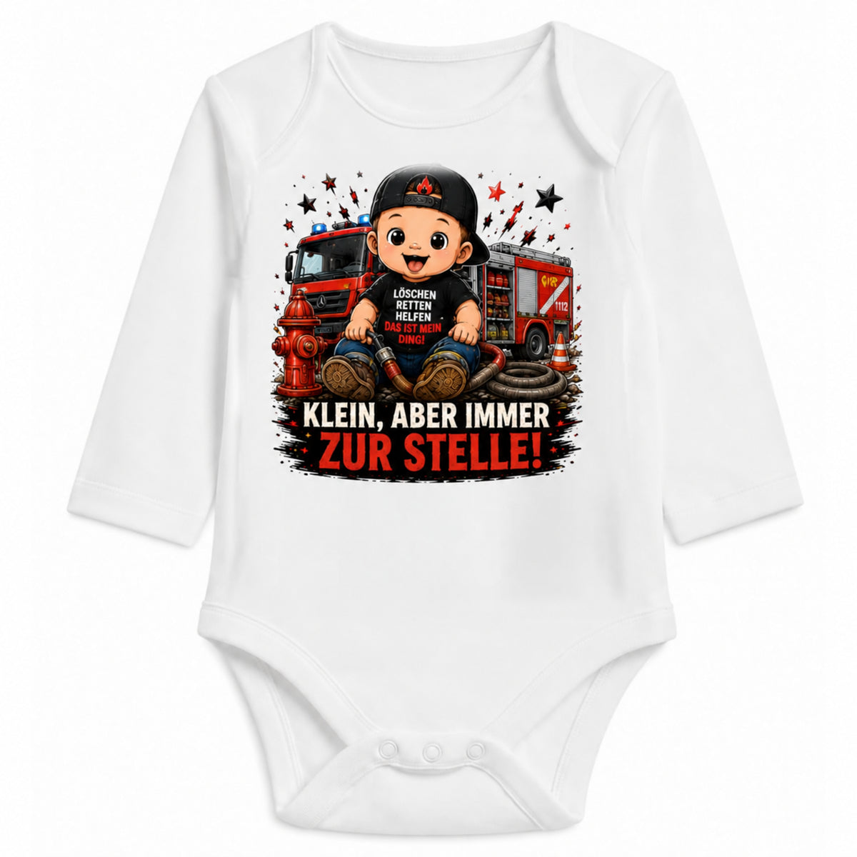 Babybody Langarm – Feuerwehr – Klein aber immer zur Stelle | mit Wunschname – Personalisierungsvorschau ohne Beispielname