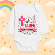 Babybody Langarm Taufe Mädchen – Kreuz Taube | Name & Datum – Produktansicht