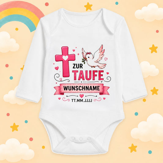 Babybody Langarm Taufe Mädchen – Kreuz Taube | Name & Datum – Produktansicht