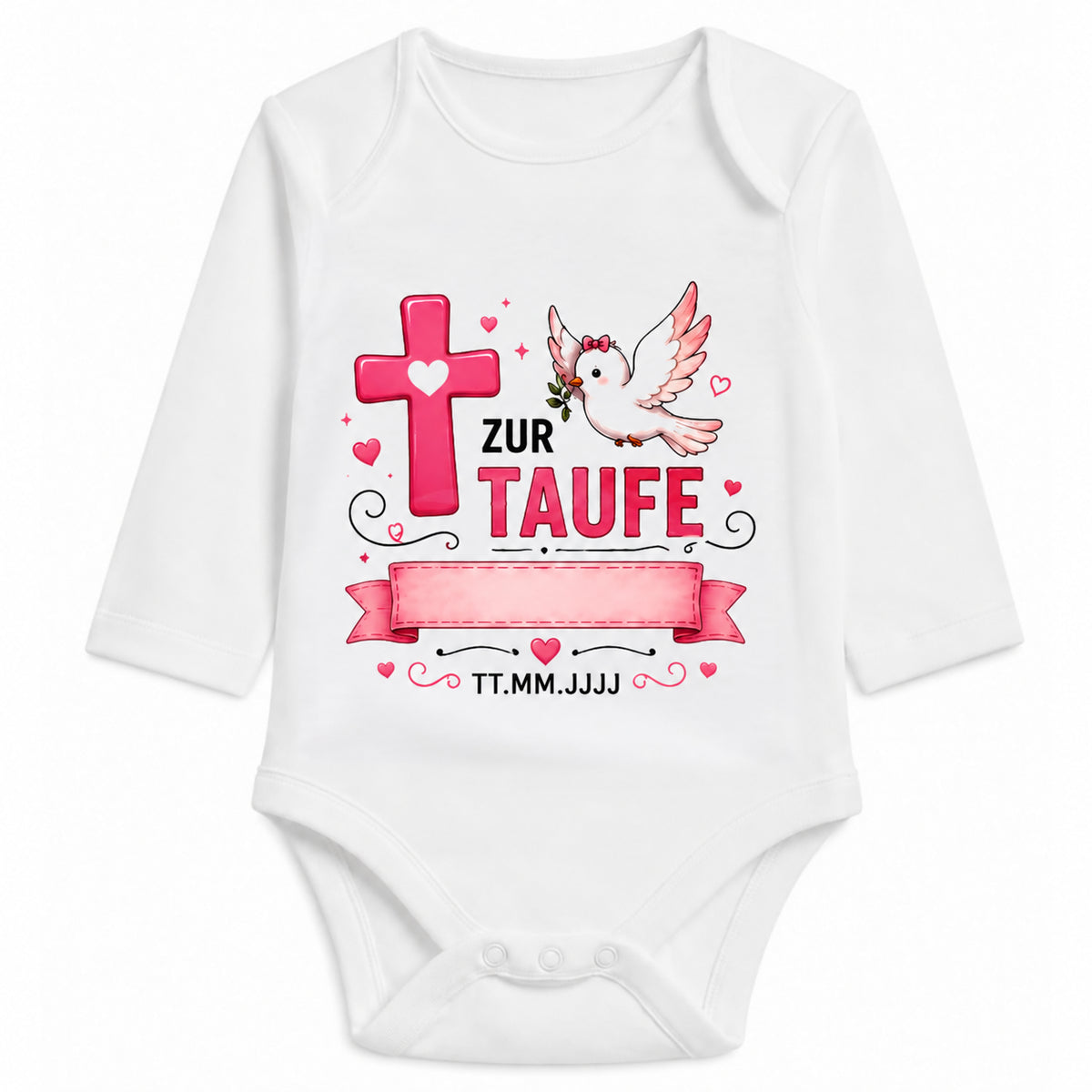 Babybody Langarm Taufe Mädchen – Kreuz Taube | Name & Datum – Personalisierungsvorschau ohne Beispielname