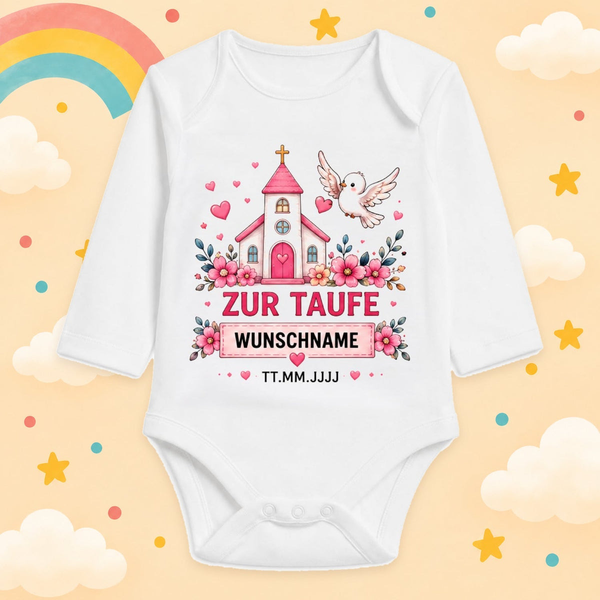Babybody Langarm Taufe Mädchen – Kirche | Name & Datum – Produktansicht