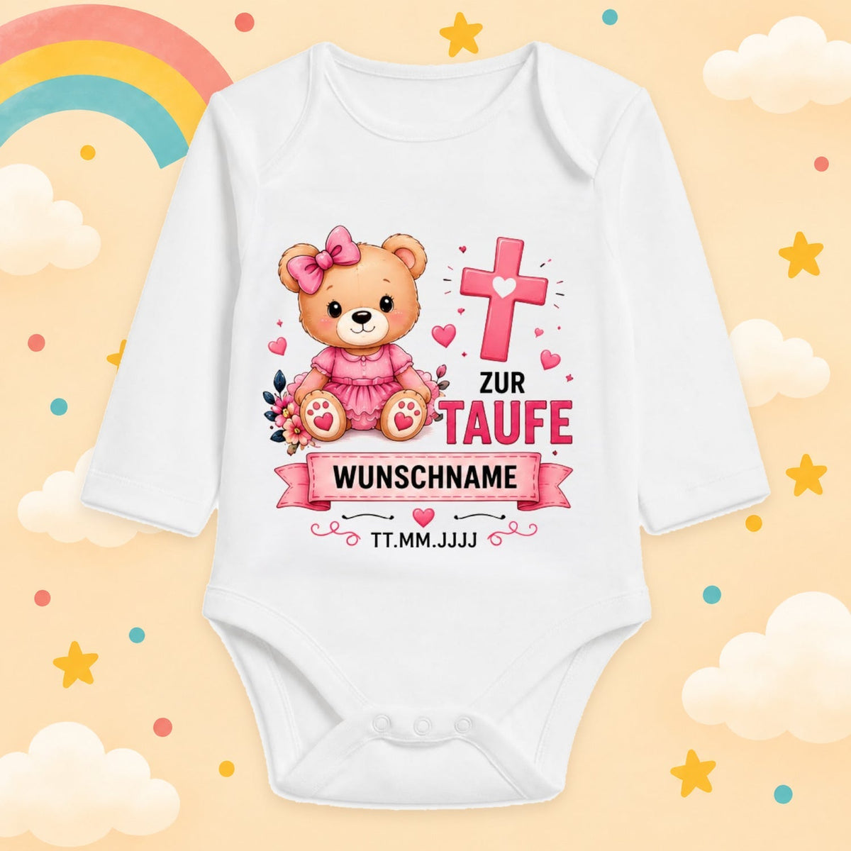 Babybody Langarm Taufe Mädchen – Bär | Name & Datum – Produktansicht