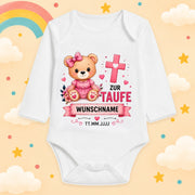 Babybody Langarm Taufe Mädchen – Bär | Name & Datum – Produktansicht