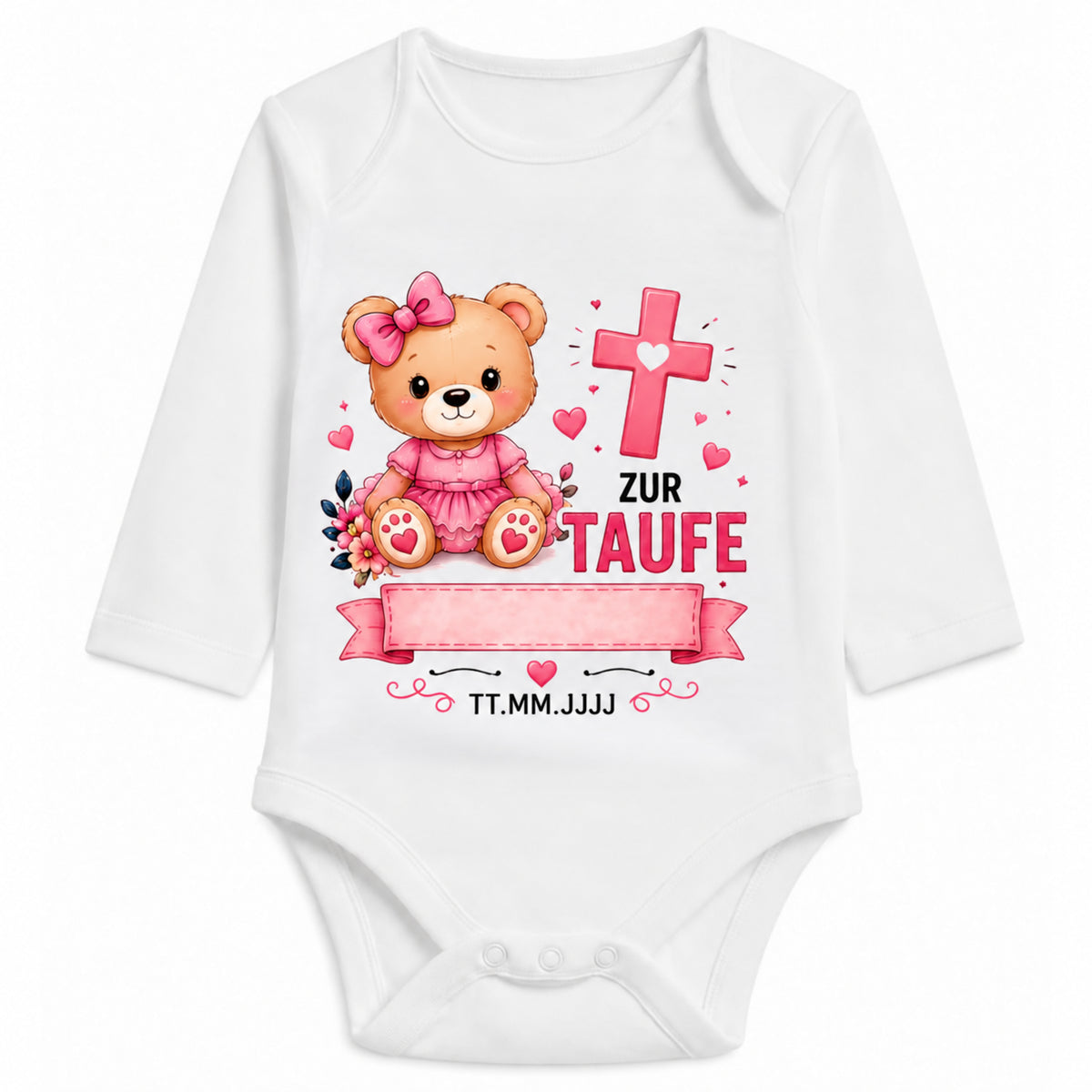 Babybody Langarm Taufe Mädchen – Bär | Name & Datum – Personalisierungsvorschau ohne Beispielname