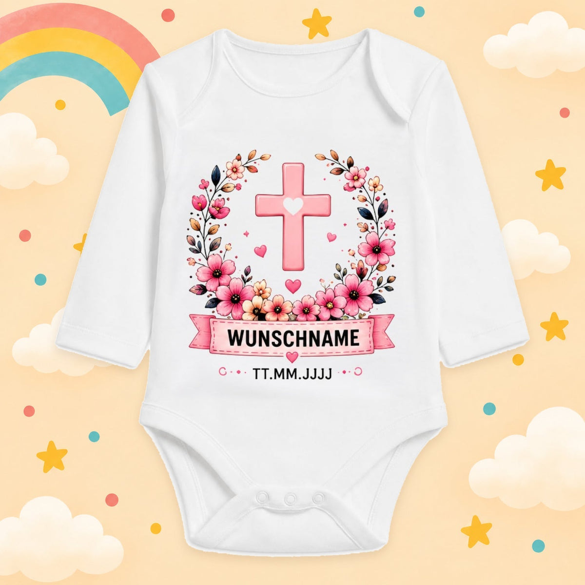 Babybody Langarm Taufe Mädchen – Kreuz Kranz | Name & Datum – Produktansicht