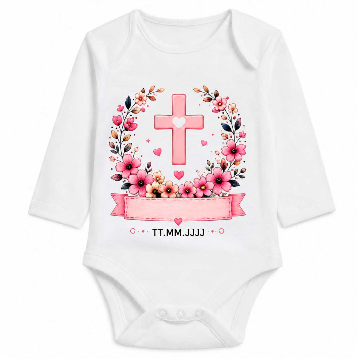 Babybody Langarm Taufe Mädchen – Kreuz Kranz | Name & Datum – Personalisierungsvorschau ohne Beispielname