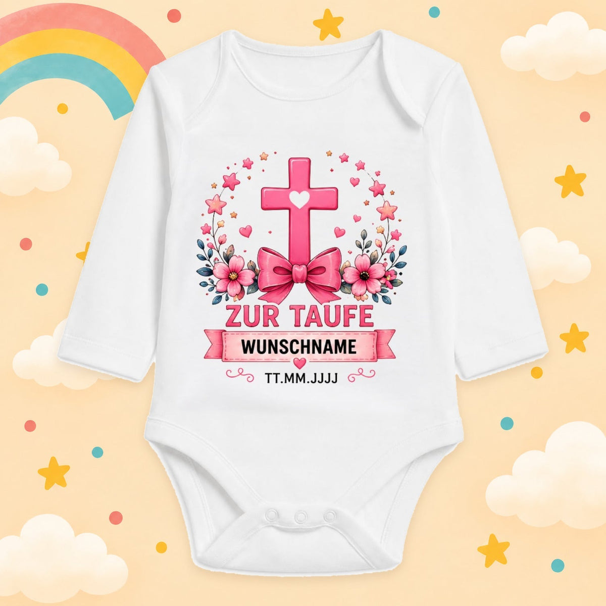 Babybody Langarm Taufe Mädchen – Kreuz Schleife | Name & Datum – Produktansicht