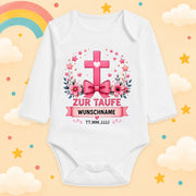 Babybody Langarm Taufe Mädchen – Kreuz Schleife | Name & Datum – Produktansicht
