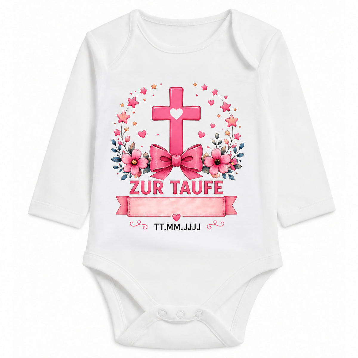 Babybody Langarm Taufe Mädchen – Kreuz Schleife | Name & Datum – Personalisierungsvorschau ohne Beispielname