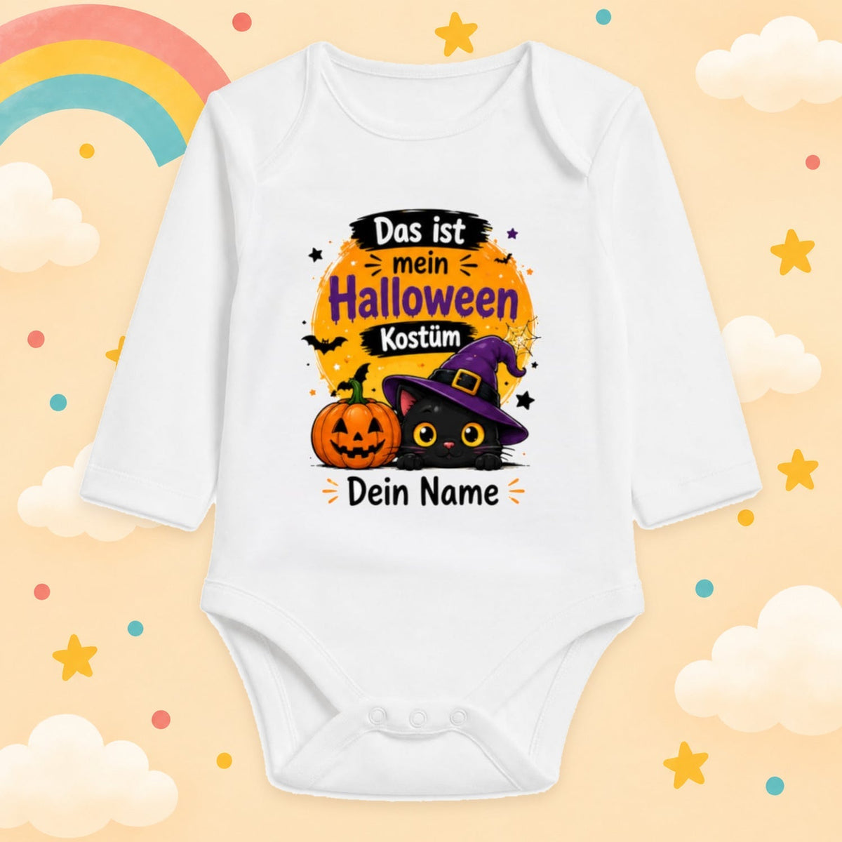 Babybody Langarm – Halloween – Katze | mit Wunschname – Produktansicht