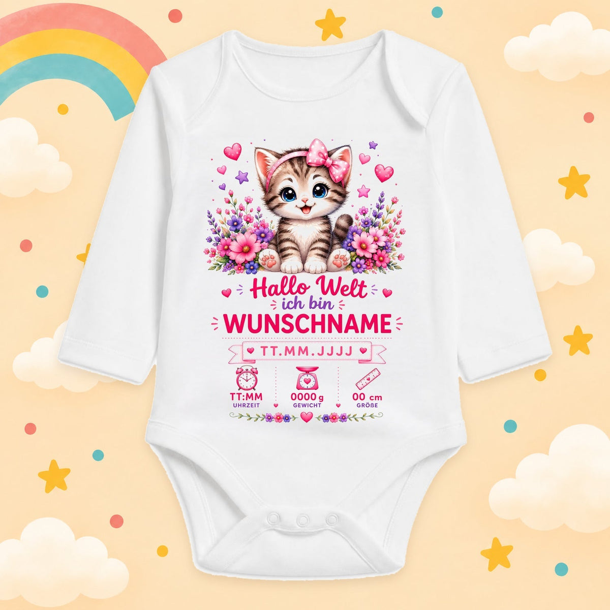 Babybody Langarm – Geburtsdaten Mädchen Katze Hallo Welt | mit Wunschname – Produktansicht