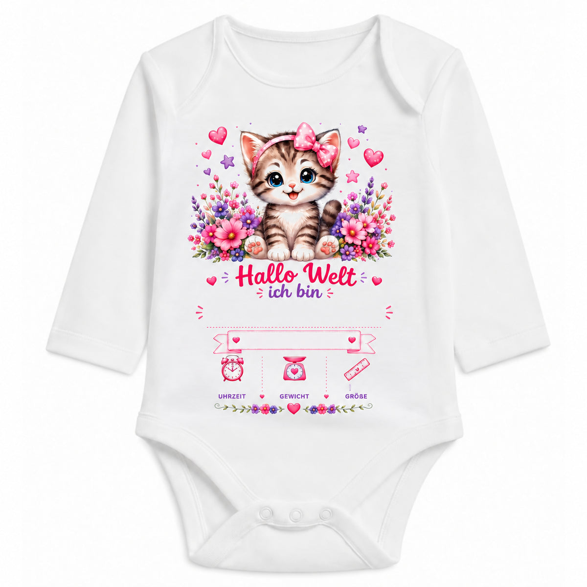Babybody Langarm – Geburtsdaten Mädchen Katze Hallo Welt | mit Wunschname – Personalisierungsvorschau ohne Beispielname